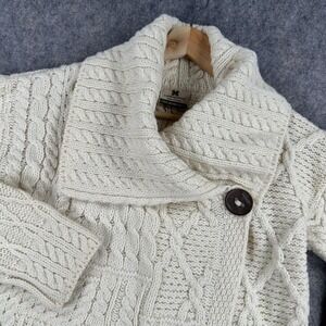 Carraig Donn Cardigan Sweater Womens XS White Cable Knit Merino Wool Aran